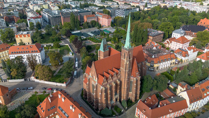 Naklejka premium Collegiate Church of the Holy Cross, St. Bartholomew's Church in Wrocław, aerial view, Poland