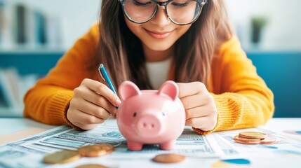A young girl carefully saves money in a piggy bank while planning for her financial future, surrounded by coins and savings materials in a cozy home office