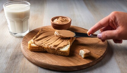 Spreading nougat cream on the slice of bread with a glass of milk