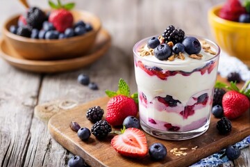 Close-up of a Summer berries yogurt fool dessert on a wooden table with copy space. - Powered by Adobe