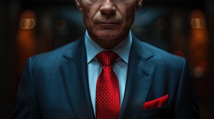 Man in blue suit with red tie and pocket square