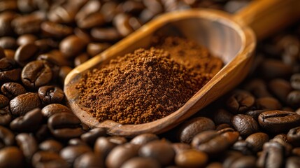 Fresh coffee beans and powder scoop