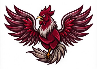Obraz premium A bold, garnet-colored logo featuring a fighting gamecock with outstretched wings and a determined gaze, symbolizing