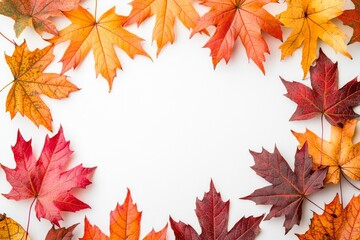 Fototapeta premium Autumn Maple Leaves Flat Lay White Background created with Generative AI