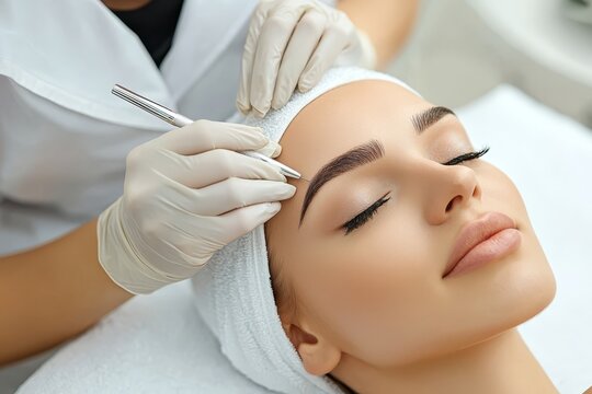 A beautiful woman receives eyelash extensions and eyebrow shaping at a beauty salon with a professional artist wearing gloves and a medical gown