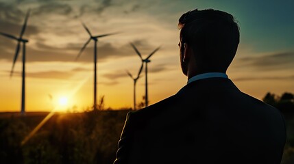 A man in a suit is standing in front of a field of wind turbines