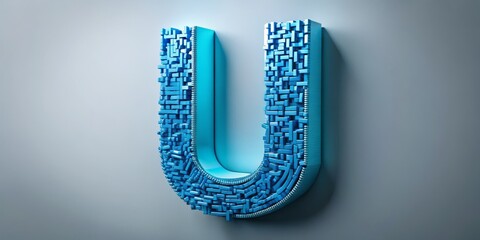 A bright blue 3D uppercase letter U made up of tiny white vectors, hovering above a sleek gray