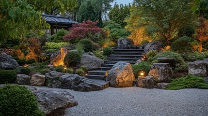 Evening in the Beautiful Rockery Garden Illuminated by LED Garden Lighting
