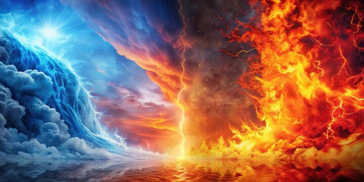 A vibrant of Heaven and Hell, contrasting paradise with flames and brimstone, paradise, fiery, afterlife, divine