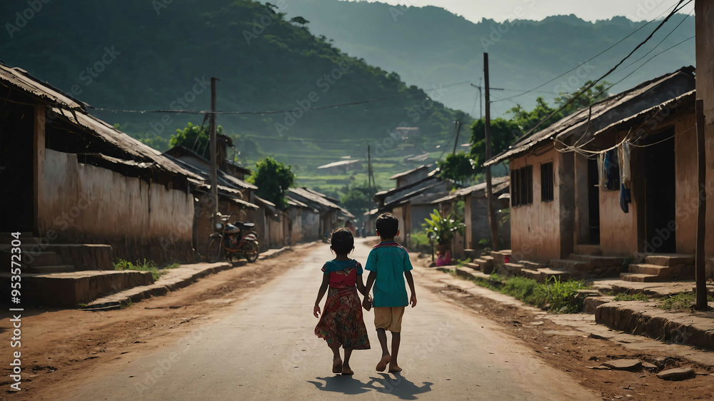 Wall mural kids in quiet village street background