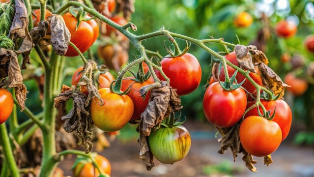 Tomato plant in UK garden suffering from blight disease, tomato, plant, blight, disease, garden, UK, problem, infected, unhealthy