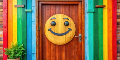 A brightly colored wooden door adorned with a smiling face emoji, offering a warm welcome to a vibrant and playful space.