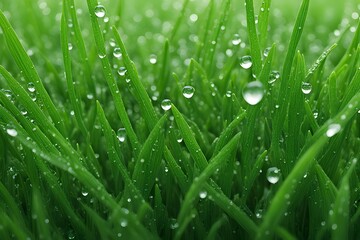 A fresh green grass texture with morning dew droplets glistening, AI Generated
