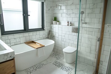 A photo of the interior bathroom with white tiles, a bathtub and small toilet in a Scandinavian style, with a wooden tray on top. An open glass door next to which there is no shampoo bottle.