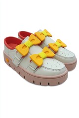 White Leather Sneakers with Yellow Bow Detail