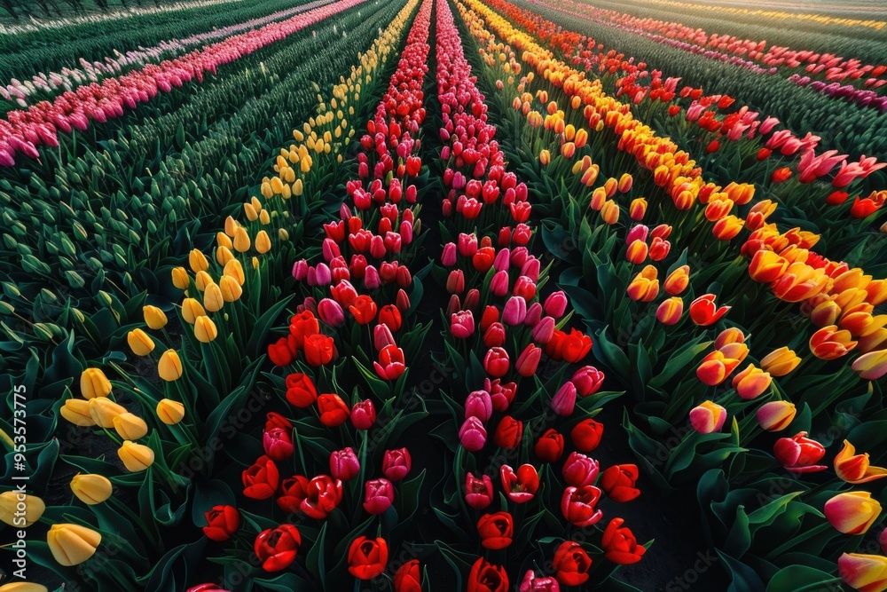 Sticker Colorful tulip field under blue sky