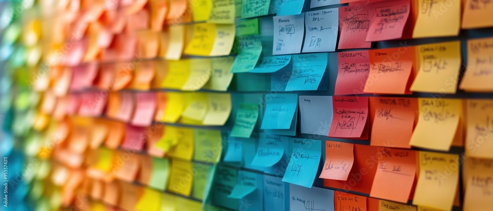 Wall mural kanban wall with colorful sticky notes and progress indicators in a collaborative workspace, reflect