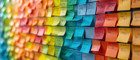 Kanban wall with colorful sticky notes and progress indicators in a collaborative workspace, reflecting agile project management and team efficiency