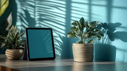 Tablet and Plant on Table with Turquoise Wall and Leaf Shadow - Illustration