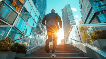 Senior person energetically running upstairs on vibrant city stairs under bright sunlight with modern buildings in the background capturing dynamic movement