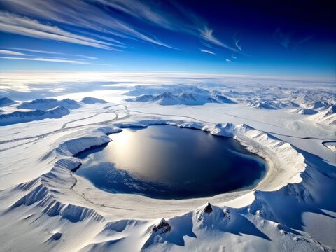 Lake Vostok in January, a bird's-eye view of the lake, showcasing its serpentine shape and the surrounding landscape of snow and ice.