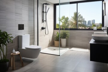 Bathroom with toilet, sink, and shower
