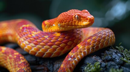 Fototapeta premium Vibrant Red and Orange Snake Coiled on Forest Branch in Natural Habitat