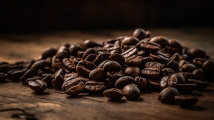 Fototapeta premium Pile of coffee beans on wooden table