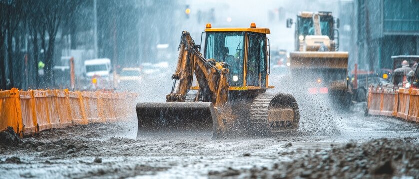 Heavy construction equipment operating in a downpour with visible rain splashes and puddles illustrating the challenges of rainy weather on site