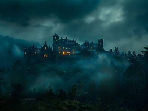 Mysterious Medieval Castle Perched Atop Hill Under Dark Cloudy Night Sky with Glowing Windows