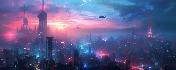 Fototapeta premium Futuristic Cityscape with Neon Lights and Flying Cars Against Dystopian Darkness