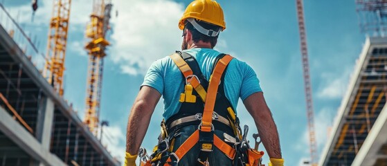 Elevated work scene with advanced fall protection gear harness and lanyards in use high-tech safety equipment focused worker on construction site