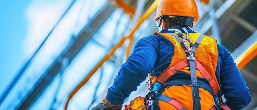 High-altitude maintenance with state-of-the-art fall arrest equipment in use secure harness system on tall structure bright and clear day detailed focus