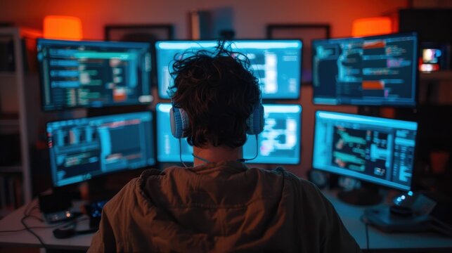 Hacker Immersed in Cybersecurity Monitors and Displays in Dark Tech Workspace with Intense Focus on Networking Programming and Data Analytics