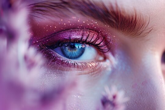 Close-up of womans eye with purple makeup