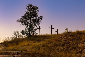 Three wooden crosses on top of Wind Mountain, Sz&eacute;l-hegy, (Windberg, Plutiberg)Solym&aacute;r Hungary in the blue hour.
