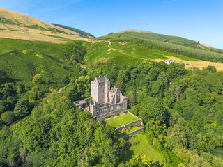 Aerial drone Castle Campbell in Dollar in the Scottish highlands, medieval fort, fortress with...