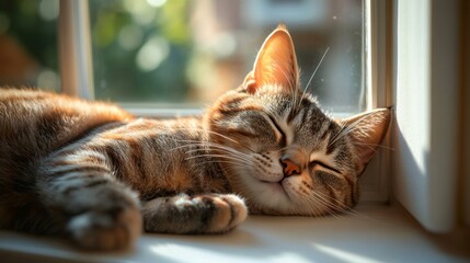 The cat is relaxing on the windowsill, basking in the warm sun with its eyes half closed. The atmosphere is full of peace and quiet. It has a warm and quiet atmosphere with soft shadows.