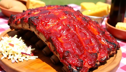 Tender BBQ Ribs Glazed with Smoky Sauce and Served with Coleslaw