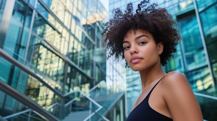 Fototapeta premium A woman with curly hair stands in front of a building with a glass facade
