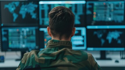 Cyber espionage with data extraction from computer systems displayed on a futuristic digital control dashboard in a deep depth of field environment  Advanced technology algorithms