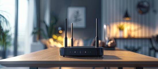 Modern Wireless Router on Wooden Table in Bright Home Interior