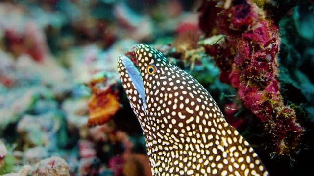 Black-spotted moray sea eel in a crevice on the seabed on a tropical coral reef, holding its mouth open, underwater close-up
