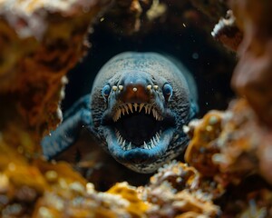 Moray Eel Peeking from Coral Crevice with Sharp Teeth and Glinting Eyes in the Ocean