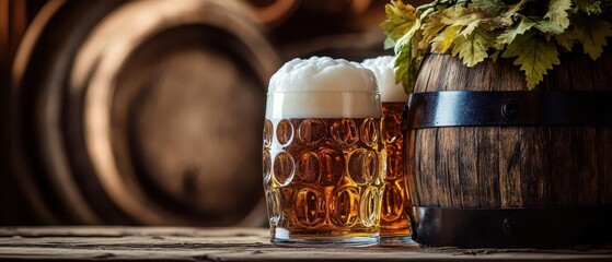 A classic Oktoberfest outdoor setting with beer barrels and frothy beer glasses
