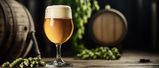 A closeup of a beer glass filled with golden beer, with a barrel and hops in the background