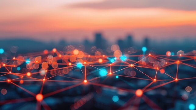 A futuristic cityscape showcasing an interconnected urban IoT network with smart devices intelligent sensors and integrated digital infrastructure