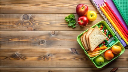 School lunch box and school supplies on wooden table, top view. Back to school concept, School