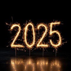 2025 Sparkler Celebration on Black Background with Bright Light Effects