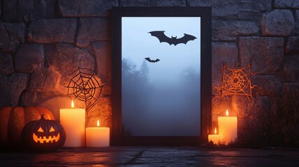 Halloween night frame adorned with mystical symbols and glowing candles, set against an ancient, weathered stone wall, with bats swooping through a fogfilled night sky